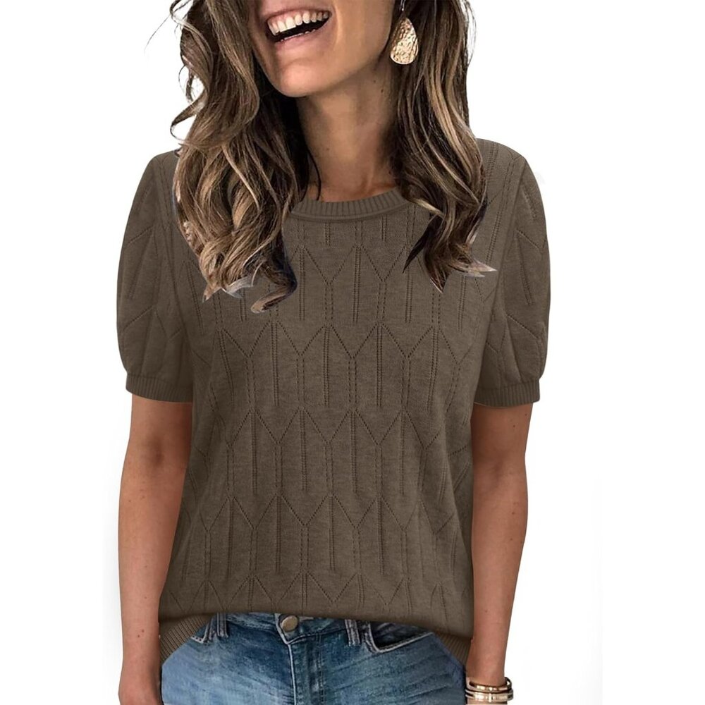 Women Short Sleeve Brown Sweater Round Neck Summer Work Beach Vacation Top